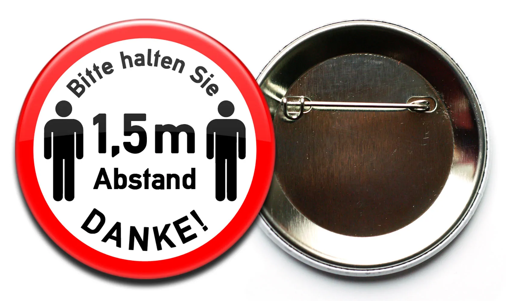Bitte halten Sie 1,5m Abstand-Anstecker werden mit Sicherheitsnadel befestigt.