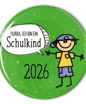 grüner Schulkind 2026 Button mit Junge