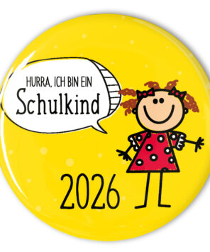 gelber Button Schulkind mit Mädchen zum Schulanfang 2026