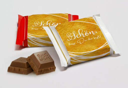 Süßes Giveaway Ritter Sport Mini mit bedruckter Banderole "Golden Glamour"