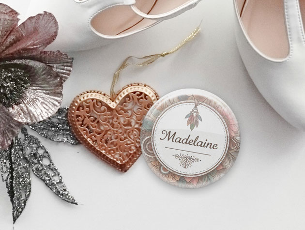 Anstecker Hochzeit mit Name im Boho-Stil