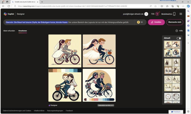 KI-Bilder eines Brautpaares auf einem Fahrrad
