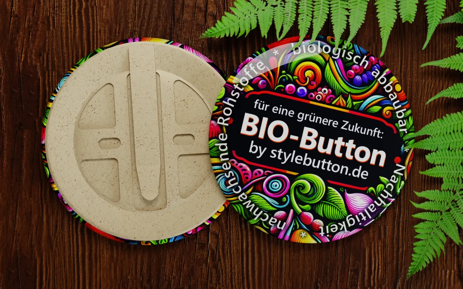 authentisch nachhaltig: Bio-Buttons mit Clip sind zu 100% biologisch abbaubar und zerfallen zu Kompost