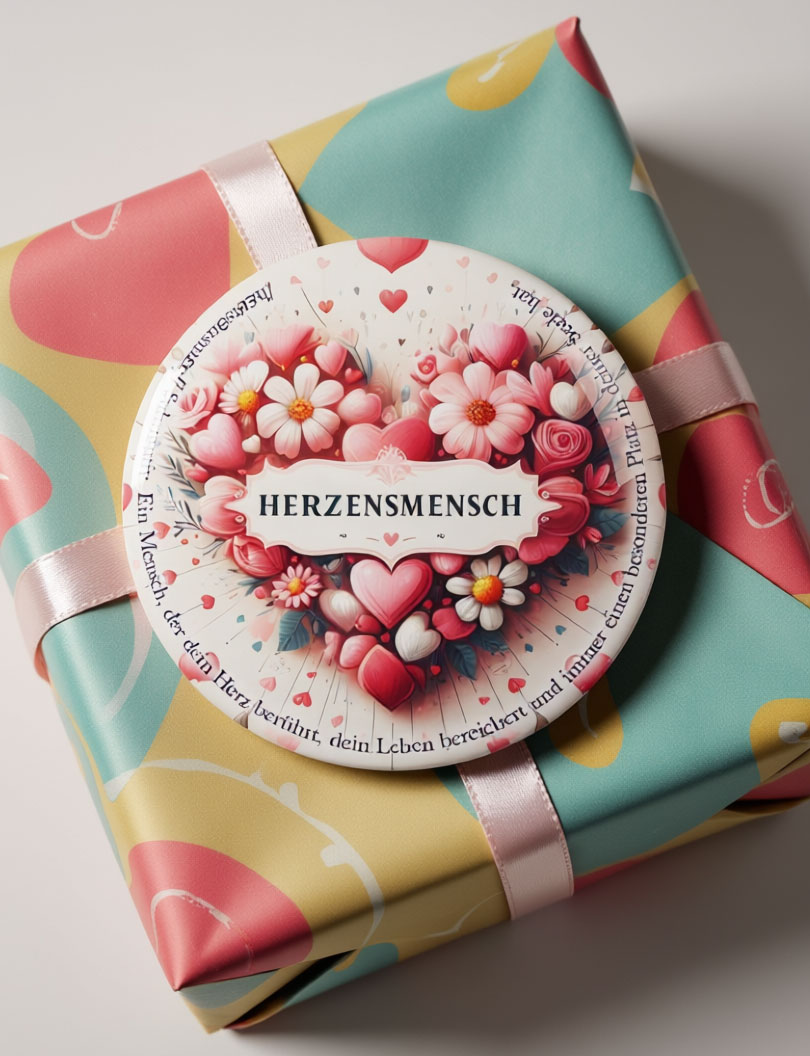 Button mit eigenem Motiv auf einem Geschenk