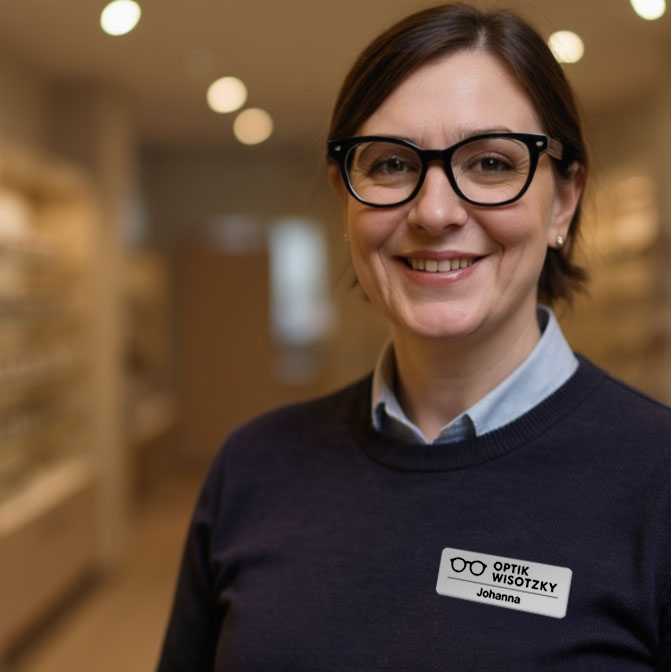 Optikerin im Laden mit Namensbutton und Logo