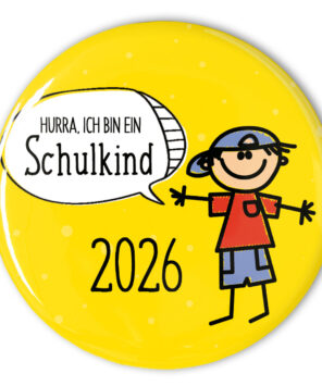 gelber Button für den Schulanfang mit einem Jungen und Sprechblase Hurra, ich bin ein Schulkind
