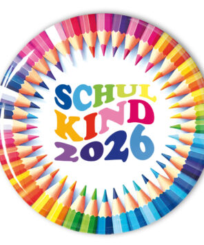 Bunter Schulkind-Button mit Regenbogen-Schriftzug und Stiftmotiv